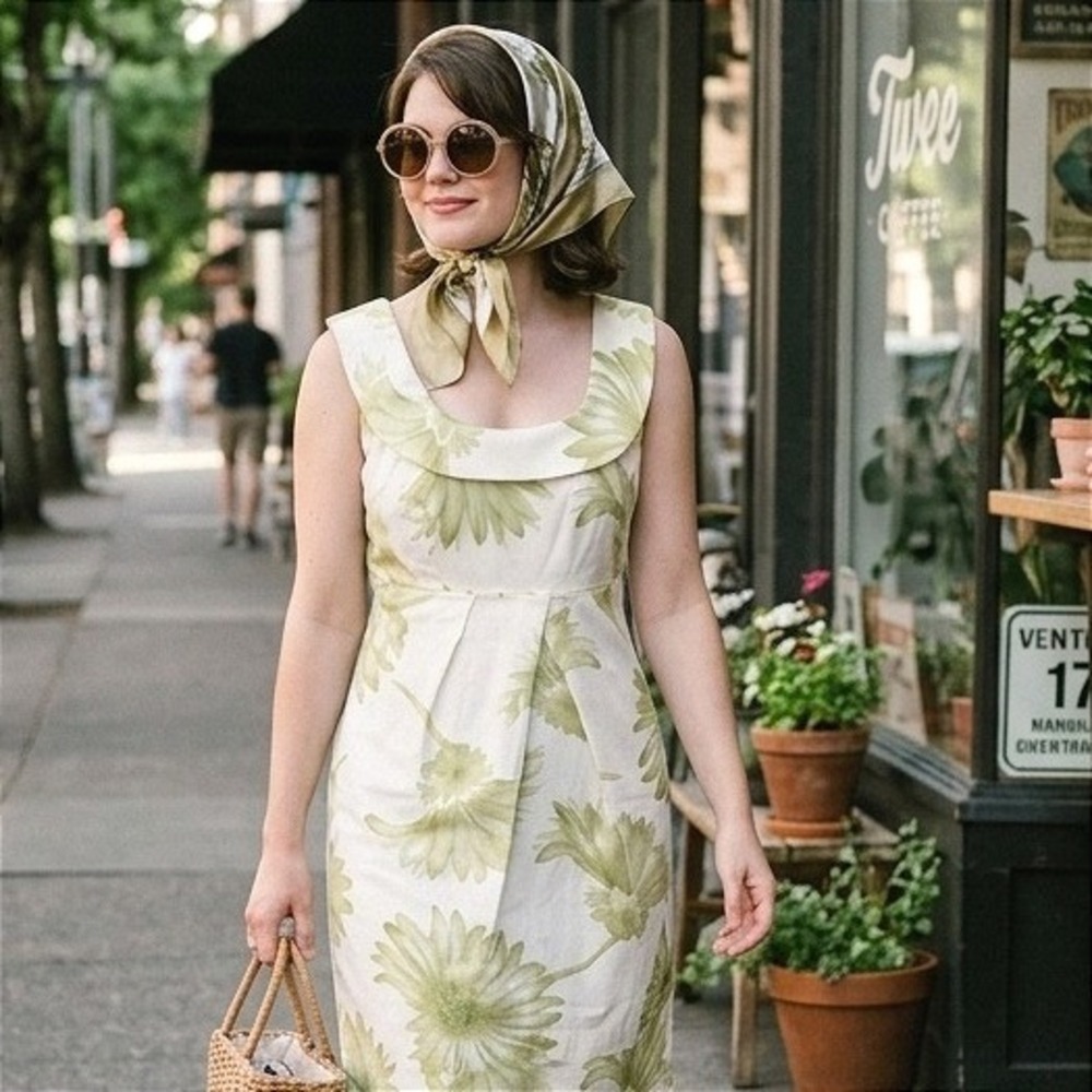 Vintage Twee Jackie O Cotton Summer Floral Sheath Dress Buttons Retro Mod